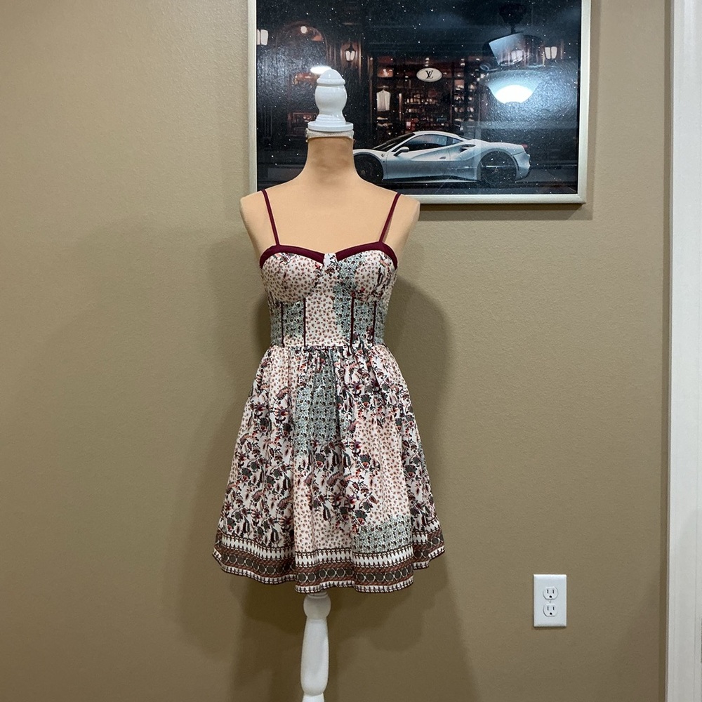 Band of Gypsies Burgundy and Cream Floral Mini Dress